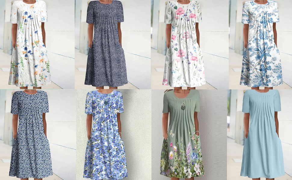 flowy pleated hem tunic loose pocket floral print dresses