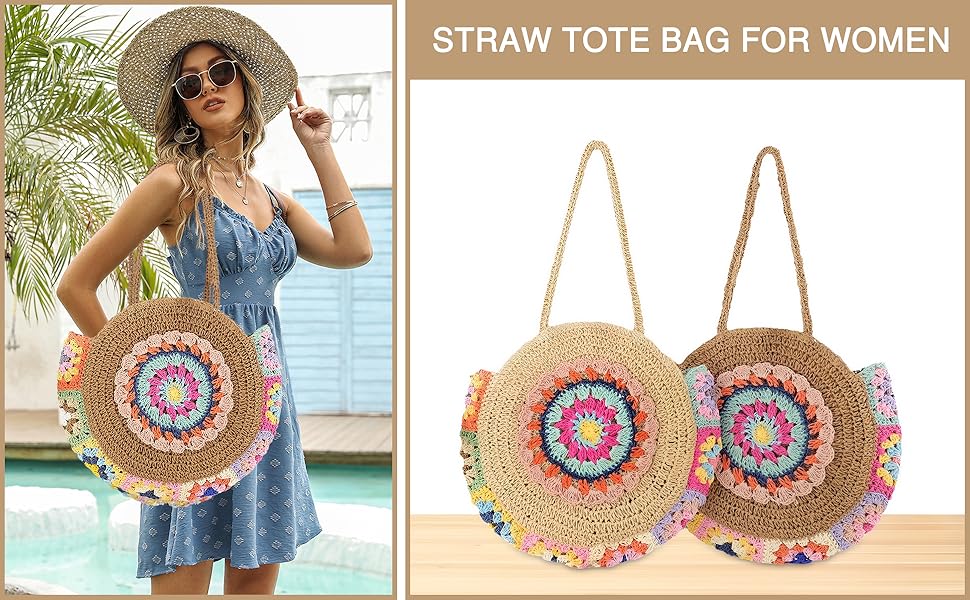 Straw Bags for Women Large Beach Tote Bag Floral Crochet Woven Shoulder Purse Summer Handbag