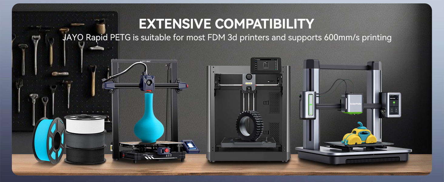 Various 3D printers and filament spools displayed on a wooden surface. Text above mentions extensive compatibility and suitability for FDM 3D printers supporting 500mm/s printing.