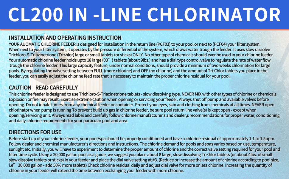 Updated CL200 inline Pool Automatic Chlorinator Feeder