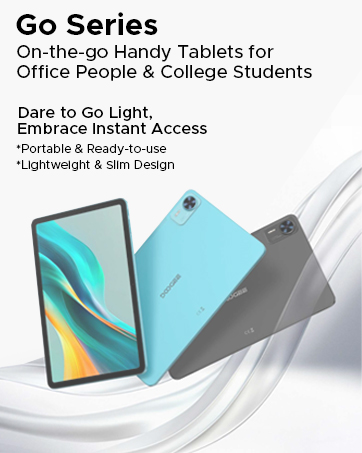 Three tablet devices in light blue, silver, and dark gray. Text describes 'Go Series' as portable, lightweight tablets for office workers and students. Devices shown at angles with curved white background.