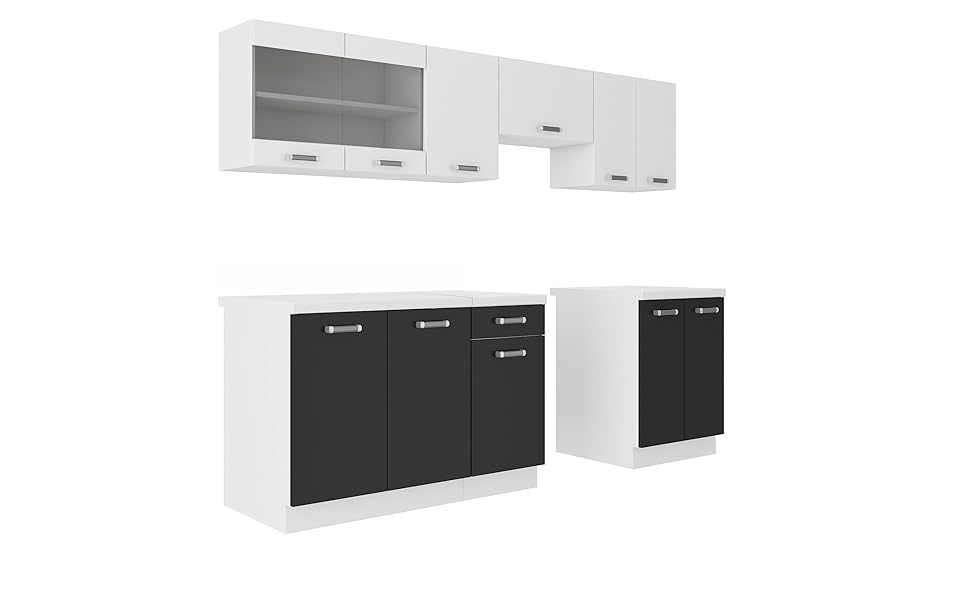 a white kitchen cabinet with black doors and a white cabinet with a black door.