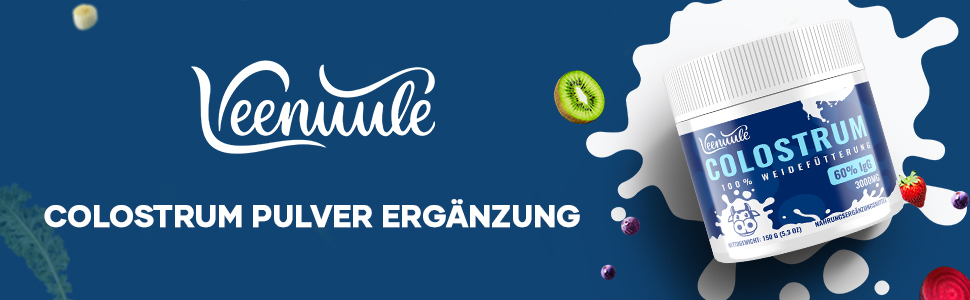 Contenant blanc de Veentuuk Colostrum Pulver Ergänzung (supplément de colostrum en poudre) avec étiquette bleue. Produit présenté sur fond bleu avec des éléments décoratifs.