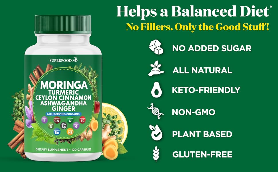 Moringa capsules Turmeric Moronga Supplement Ginger Boswellia Saffron Holy Basil Ceylon Cinnamon