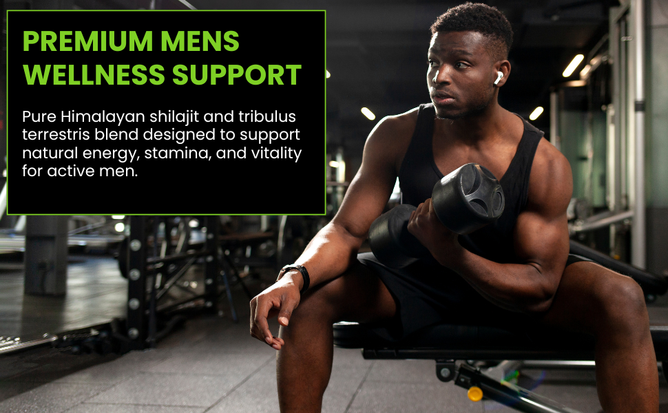 Text reads 'PREMIUM MENS WELLNESS SUPPORT'. Athletic fitness scenes showing workout and exercise activities.