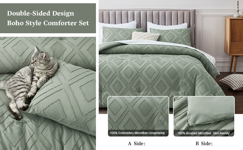 FROHAUL Boho King Comforter Set,Sage Green Rhombus Tufted