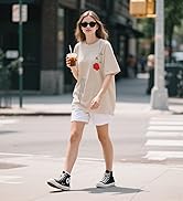 UOUA Women Oversized Graphic T-Shirt Casual Cotton Tees Printed Summer Tops