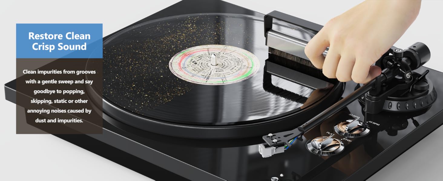 Turntable with black speckled vinyl record being played. Text overlay promotes 'Restore Clean Crisp Sound' feature with tonearm visible in playing position.
