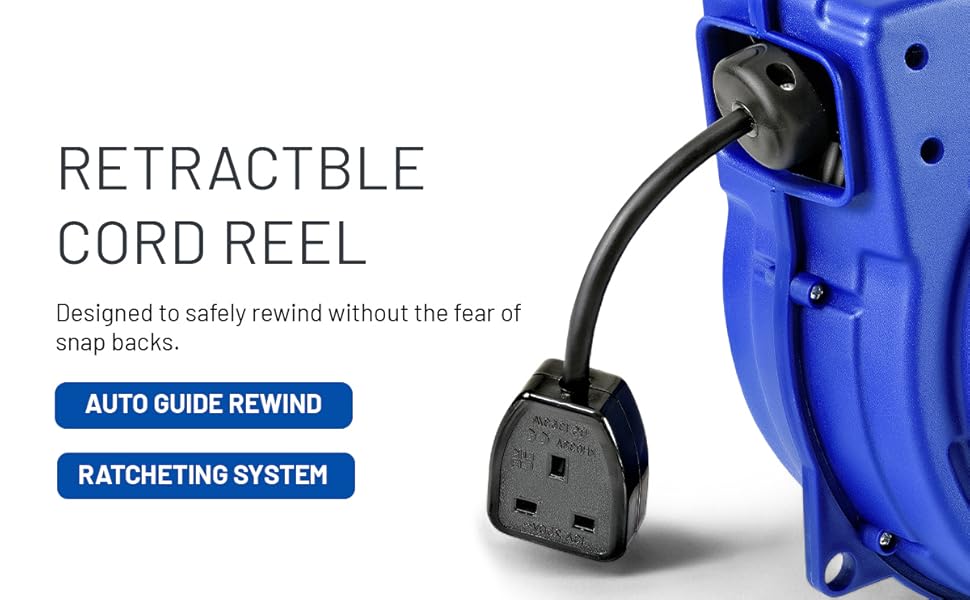 Text reads 'RETRACTABLE CORD REEL', 'AUTO GLIDE REWIND', 'RATCHETING SYSTEM'. Blue industrial cord reel device shown from multiple angles.