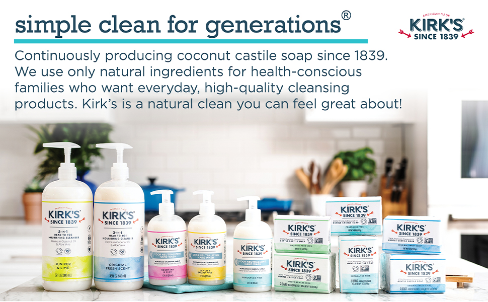 display of kirks product line, including hand wash, bar soaps, and cleansers.