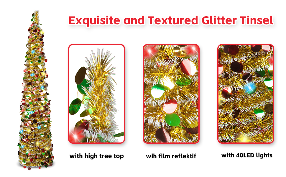 Christmas Tree with String Light, 5FT Pop Up Pencil Tinsel