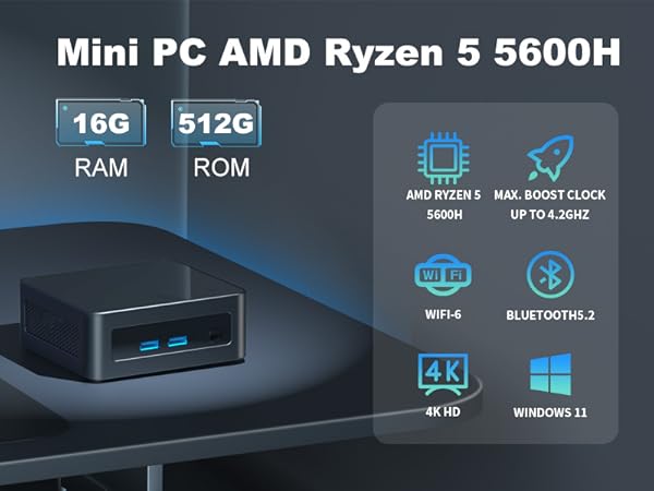 ASKHAND ミニPC AMD Ryzen 5 5600H MN56 AskHand Mini PC AMD Ryzen5 5600H (6C/12T, do 4,2 GHz), 16 GB
