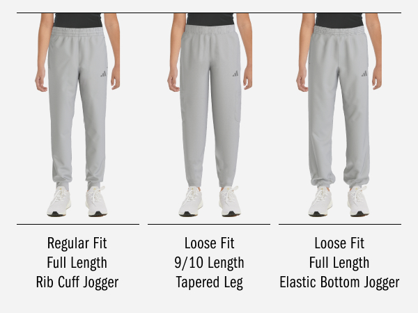 Regular Fit Full Length Rib Cuff Jogger, Loose Fit 9/10 Length Tapered Leg, Loose Fit Full Length...