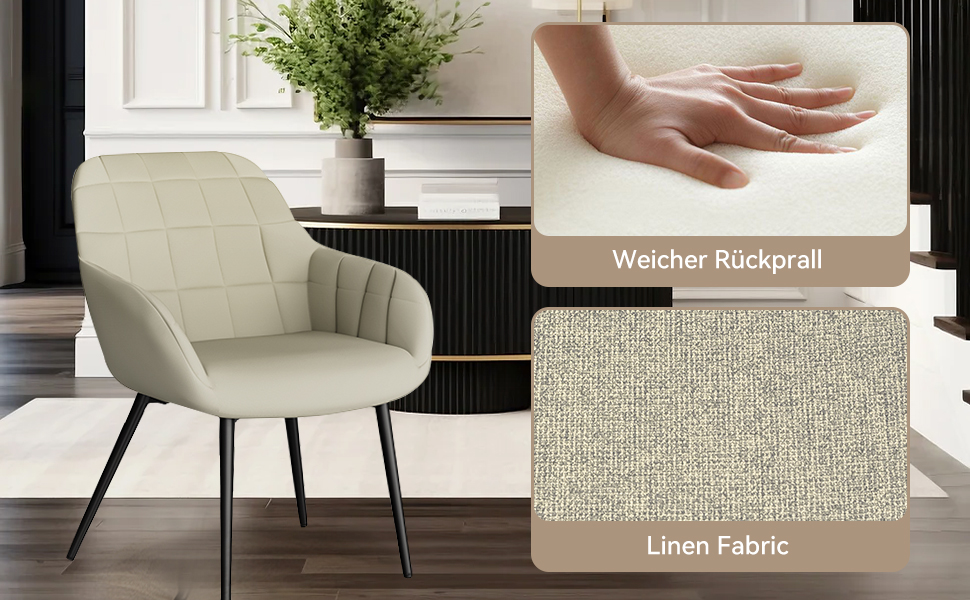 Beiger gepolsterter Sessel mit gesteppter Rückenlehne und schwarzen Metallbeinen. Die Einsätze zeichnen sich durch eine weiche Polsterung und eine Leinenstruktur aus. In einer modernen Inneneinrichtung mit Pflanzen eingerichtet