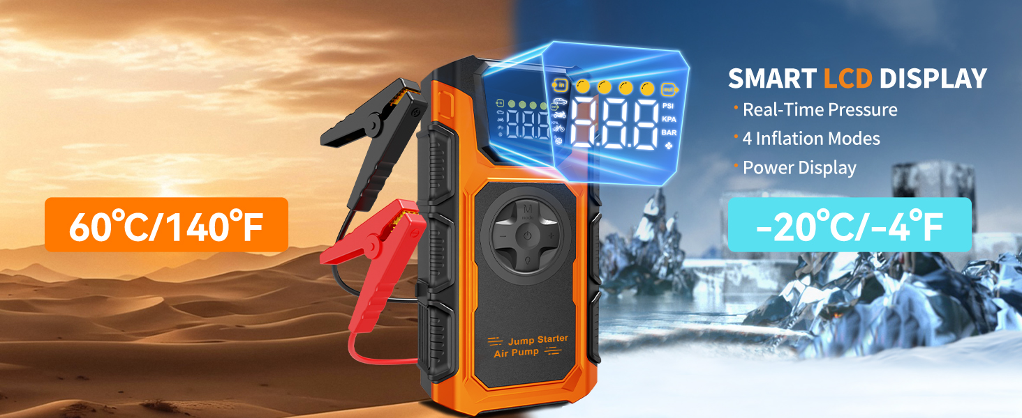 Text reads 'SMART LCD DISPLAY' and '60°C/140°F -25°C/82.4°F'. Shows digital temperature display screens in winter outdoor setting with orange device.