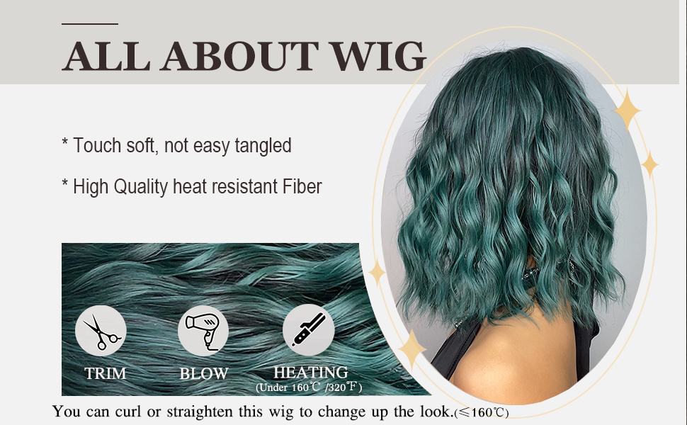 Esmee Short Wave Green Bob Wigs With Fringe 