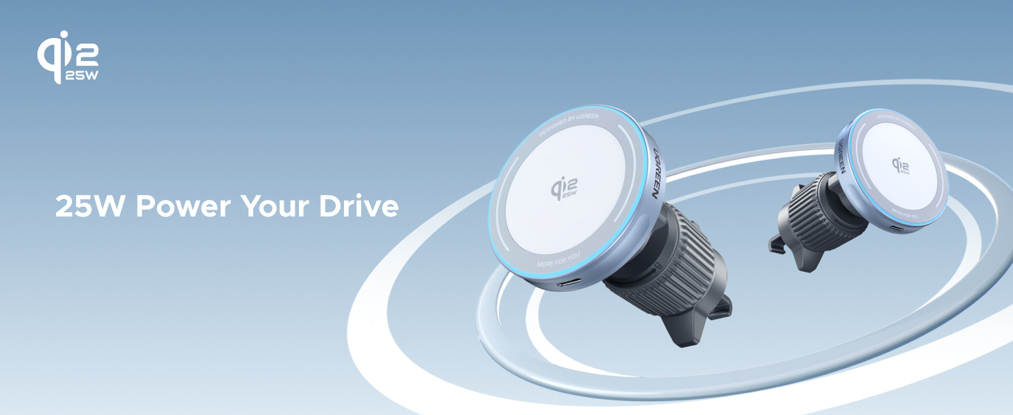 Text reads '25W Power Your Drive'. Product shows two white circular devices with dark mounting attachments.
