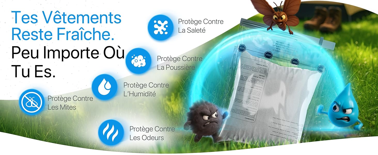 Le texte se lit comme suit : « Tes Vêtements Reste Fraîche... Peu importe où tu es. » Illustration sur le thème de l'environnement montrant un globe ou une bulle bleu avec des icônes liées à la lessive et des gouttelettes d'eau.