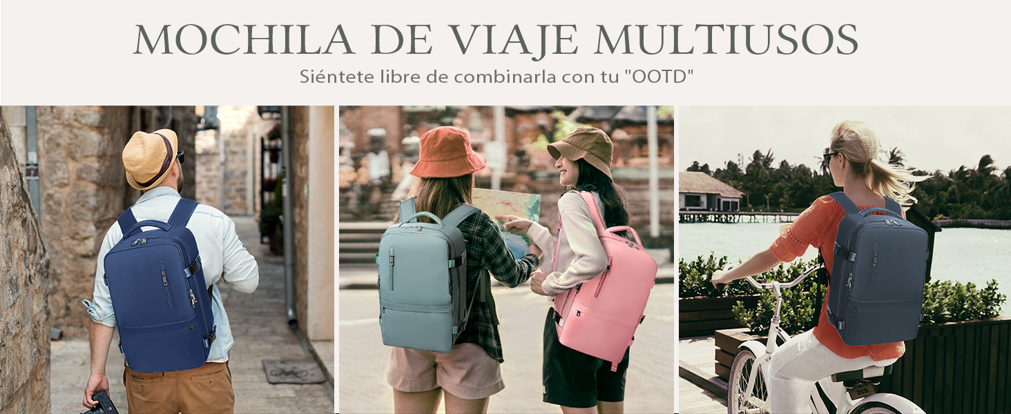 Imagen multipanel de mochilas en varios colores. Muestra a personas que llevan mochilas en diferentes entornos: urbanos, turísticos y