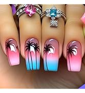 French Tip Press on Nails Medium Coffin Fake Nails with Coconut Tree Designs Seaside Starry Sky G...