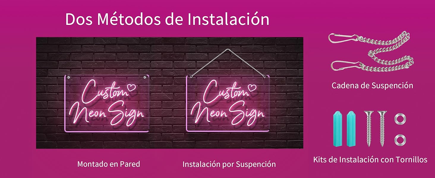 El texto dice «Dos métodos de instalación». Guía de instalación en español que muestra dos métodos de montaje, con elementos decorativos de texto cursivo y componentes del kit de instalación.