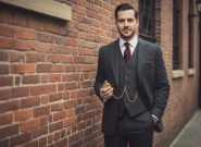 Vintage gold pocket watch with chain, man in classic 1920s suit style accessory