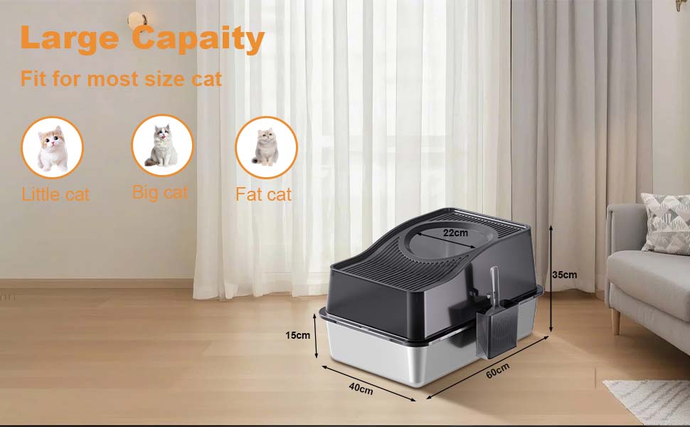 Crevyteg Stainless Steel Cat Litter Box, Fully Enclosed Litter Boxes with Hollow Lid And Heightened Lid Anti-Splashing, Top-Entry Deodorizing Large Cat Toilet,Grey, Basin 20cm High, 60 x 40 x 34.5cm 10 Enclosed Stainless Steel Cat Litter Box