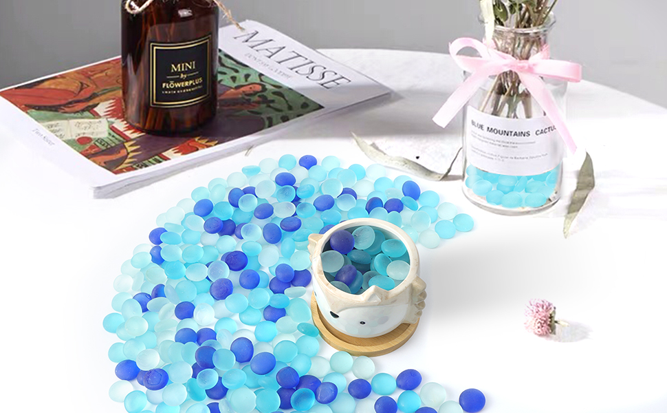 Sea Glass Pebbles Flat Blue Marbles Glass Beads for Vases