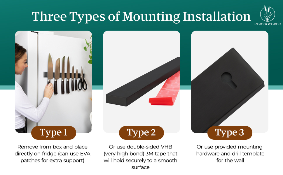 Three Types of Mounting installation for wall, no drilling, fridge