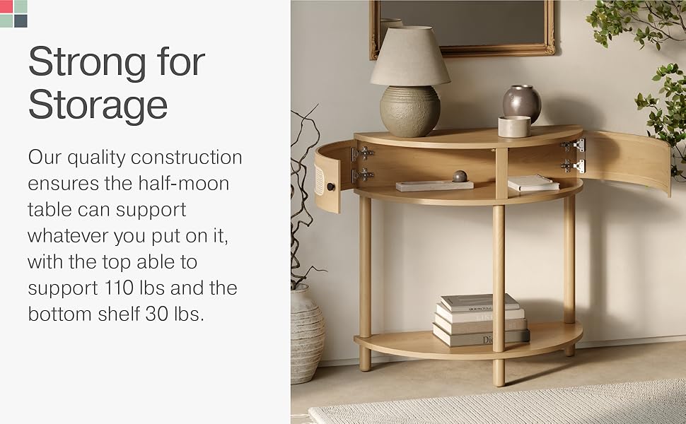 Rattan Half Moon Console Table Small Entry Table with Storage for