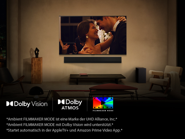 Ein Film auf LG OLED TV, LG Soundbar, mit Dolby Vision, Atmos und FILMMAKER MODE Logos.