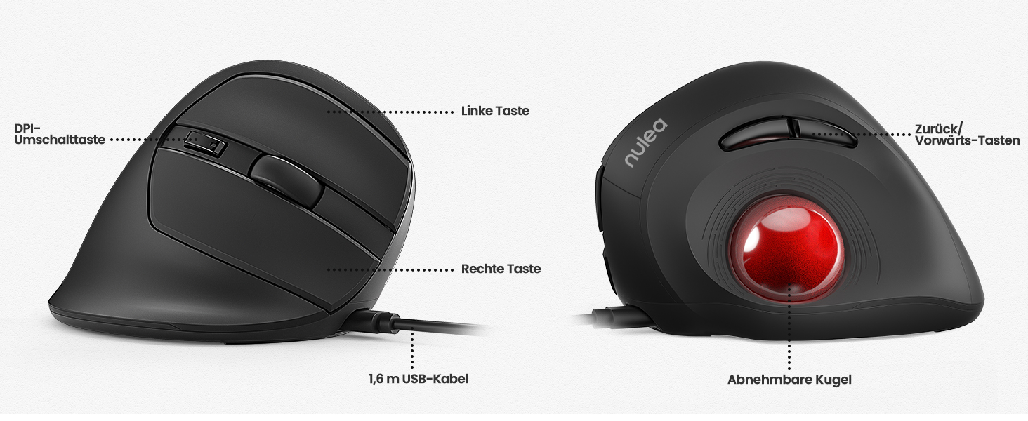 Nulea Wired Trackball Mouse für große Hände, Vertikale Ergonomische Maus mit Trackball, Einfache ...