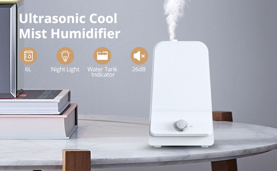Air Humidifier for Large Room Bedroom, 6L Cool Mist Humidifier, 26dB