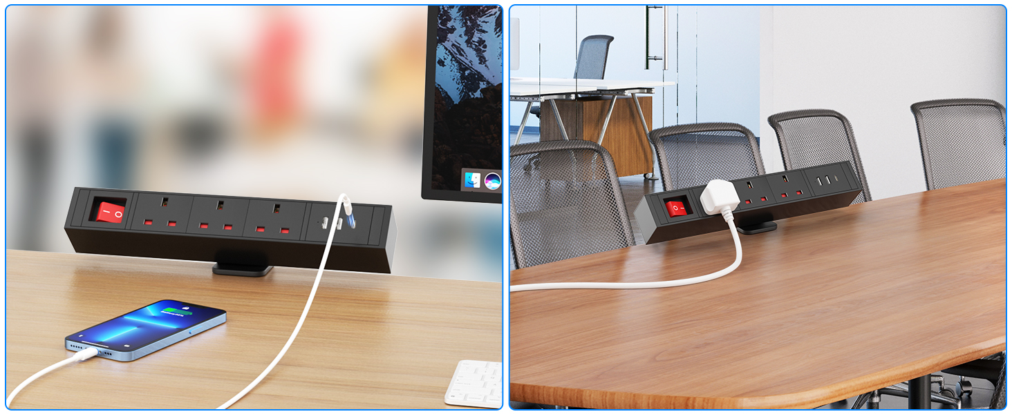 Desktop Power Strip USB C PD 20W, Ohuo Desk Extension Leads 3 Way with 3 USB Slots Table Power