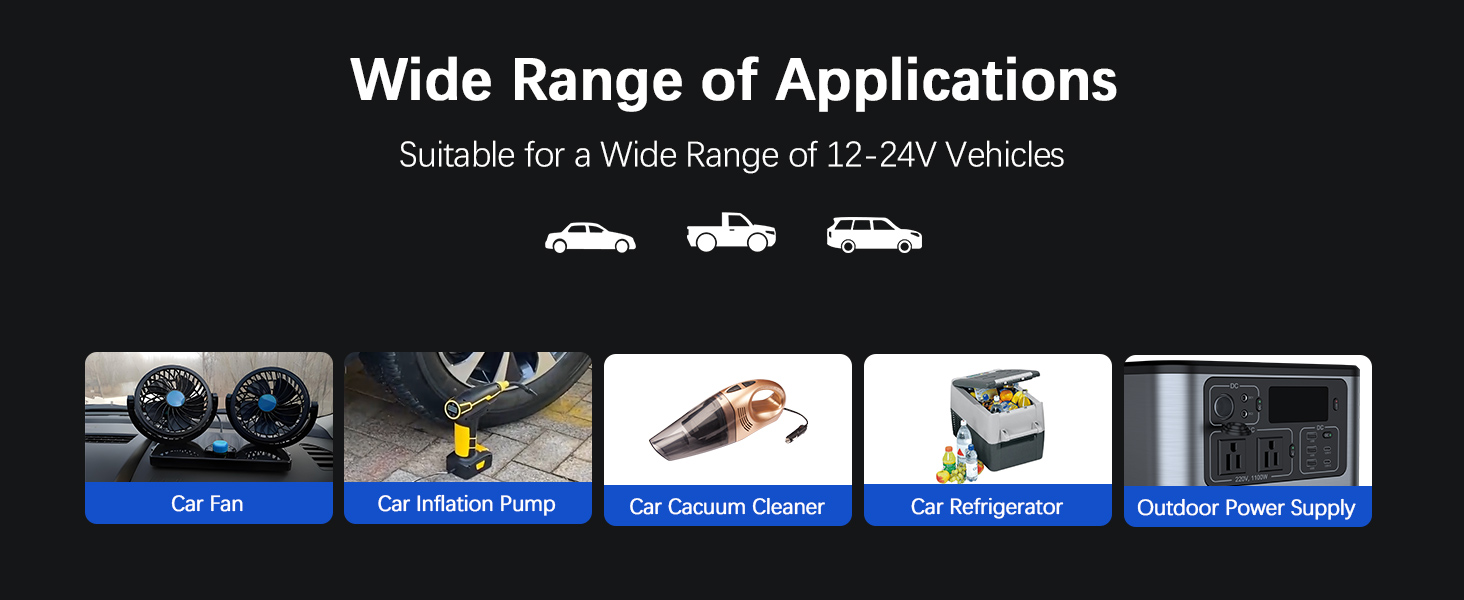 Product application diagram showing automotive uses including car fan, radiator pump, cleaner system, refrigeration and battery power supply icons.