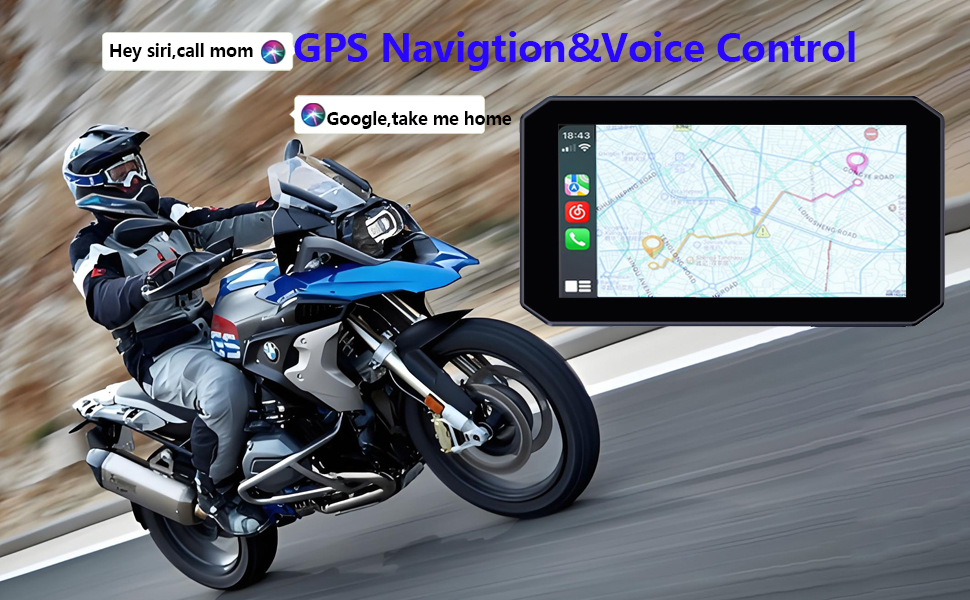 Text reads 'PS OperationsVoice Control' showing motorcycle interface or control system displayed on screen devices.