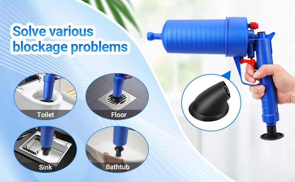 FEITON Toilet Clog Remover Tool Set, High Pressure Drain Blaster Plunger Gun with 4 Suckers