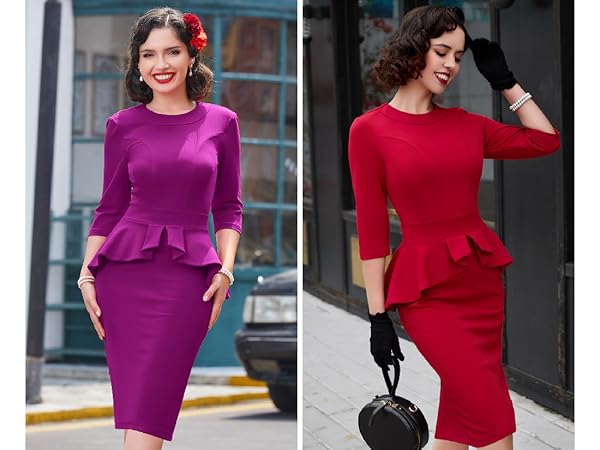 MUXXN Women's 3/4 Sleeve Round Neck Ruffle Pencil Vintage