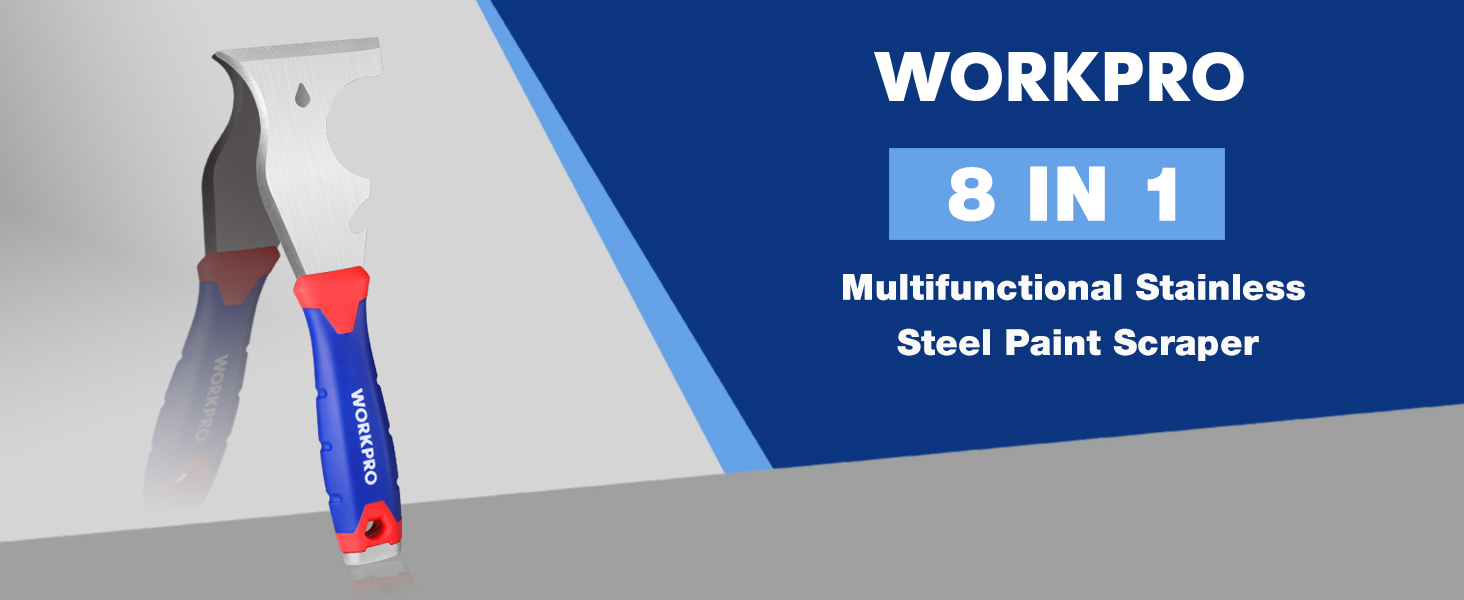 WORKPRO Paint Scraper, 8 in 1 Paint Remover, Metal Putty Knife with Hammer End and Can Opener