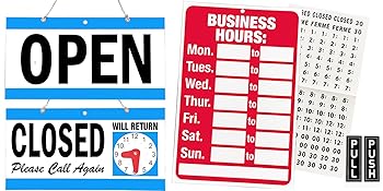 open closed sign with business hour