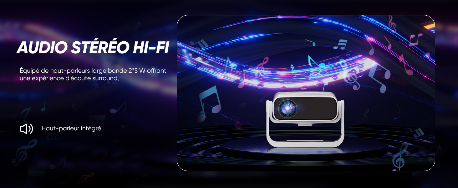 Le texte indique « AUDIO STÉRÉO HI-FI ». Fond sombre avec effets électriques bleus et silhouettes d'équipements techniques.