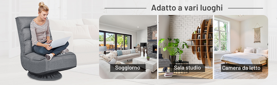 RELAX4LIFE Sedia Da Terra Reclinabile In 5 Posizioni, Poltrona Da Pavimento Con Base Girevole A 360°, Sedia Da Terra Con Schienale Pieghevole, Poltrona Imbottita Morbida (Grigio) 14 4