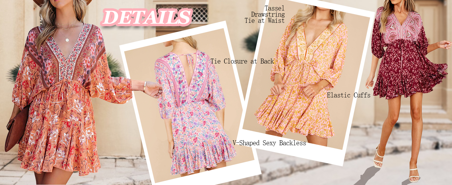 Womens Summer Floral Dress 3/4 Sleeve Deep V Neck Boho Drawstring Backless Swing Mini Dress