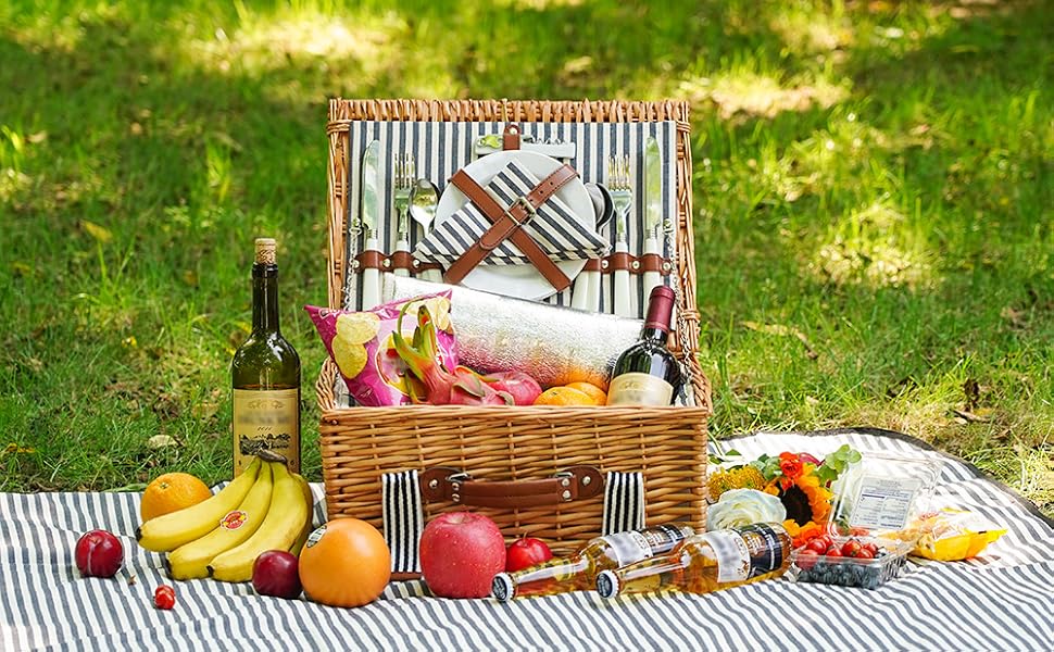 Wicker Picnic Basket for 4 with Large Insulated Cooler