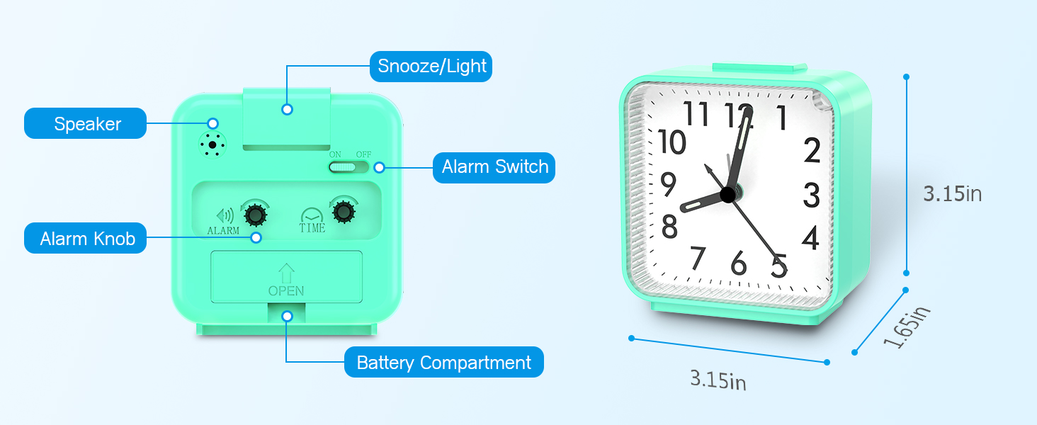 AMIR Analog Alarm Clock, Silent Non Ticking Small Clock, Travel Alarm