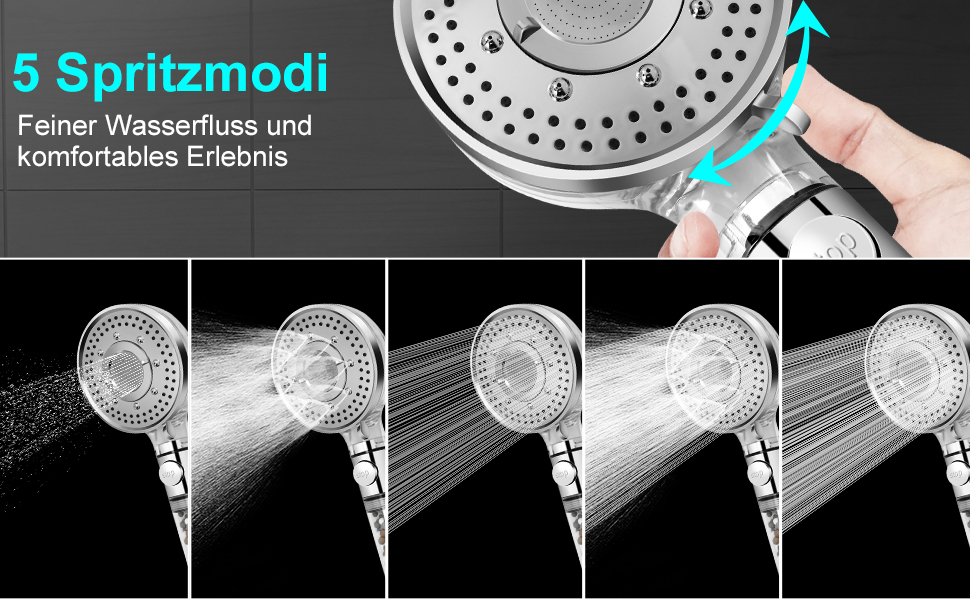 Duschkopf Wassersparend mit Filter, Duschkopf Regendusche mit 5 Strahlarten, Hochdruck Universal