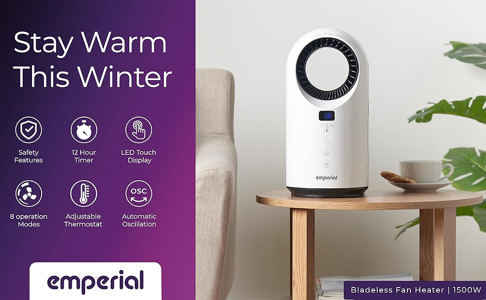 Emperial Ceramic Bladeless 1500W Fan Heater with LED Display, 12H Timer & Remote Control