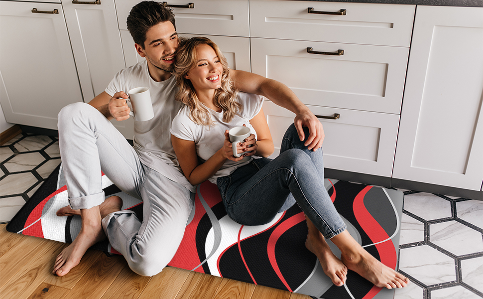 FNLNDO Red and Black Kitchen Rugs and Mats for Floor Anti