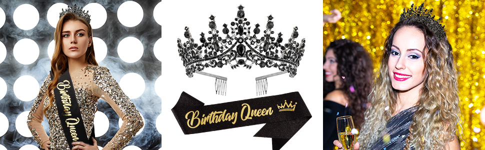 black birthay tiara crown sash for women