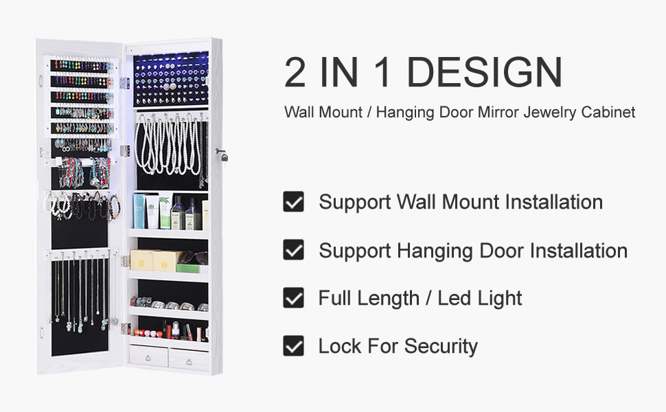 GISSAR Full Length Mirror Jewelry 6 LEDs Jewelry Armoire Wall Mounted Over The Door